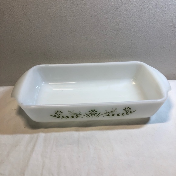 Vintage Fire King Milk Glass Green Flowers Pattern Loaf 9” x 5” - Picture 9 of 10